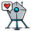 An icon of a spaceship with a symbol of a red heart