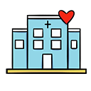 An image of a hospital and a red heart symbol