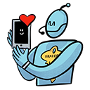 An image of a robot holding a phone with a red heart