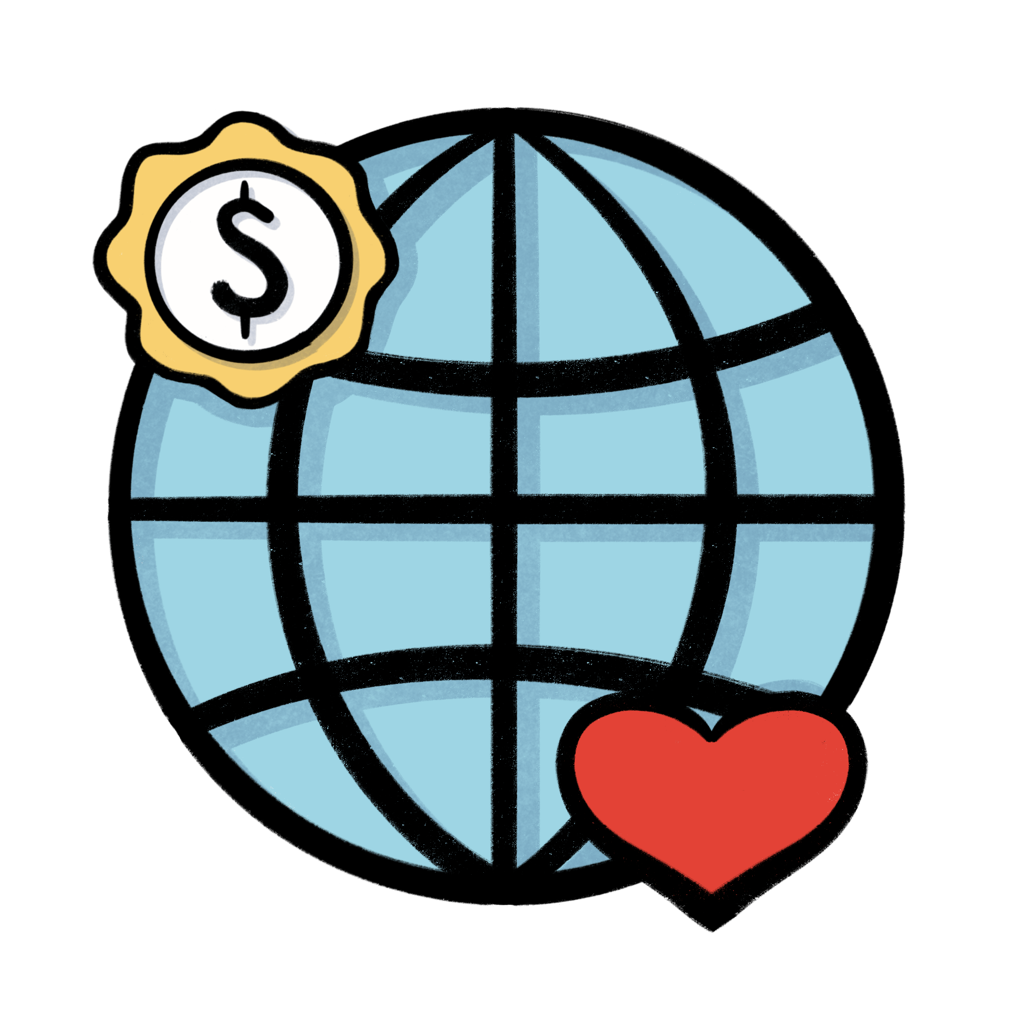 An image of an earth globe with a heart and dollar sign