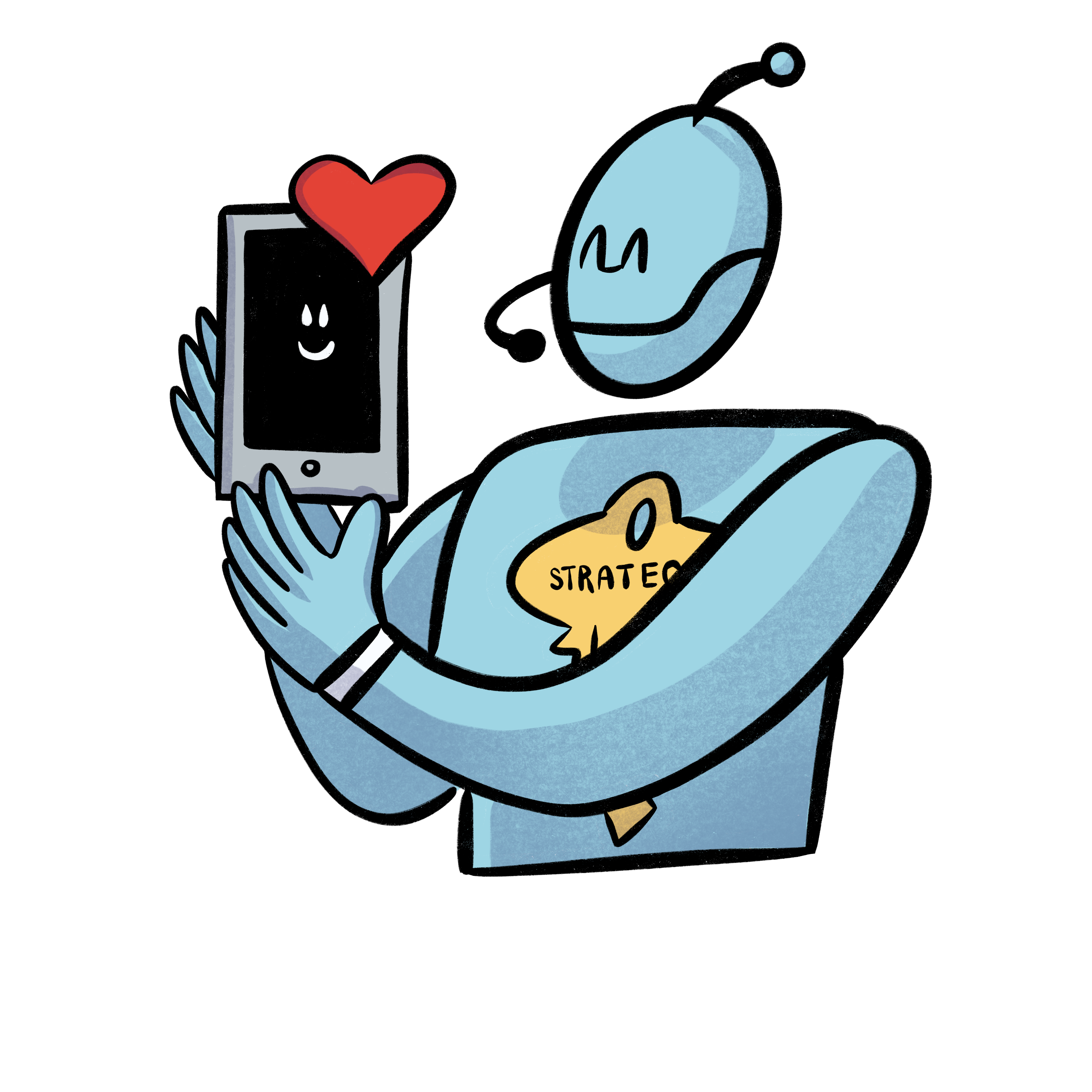 An image of a robot holding a frame with a red heart