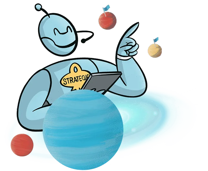 A robot surrounded by a planet holding a pad