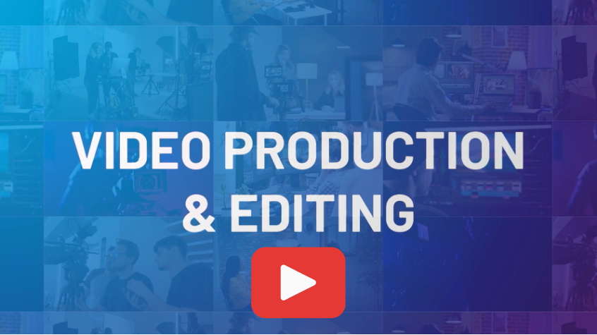 A logo of a YouTube and a word Video Production & Editing an a image background